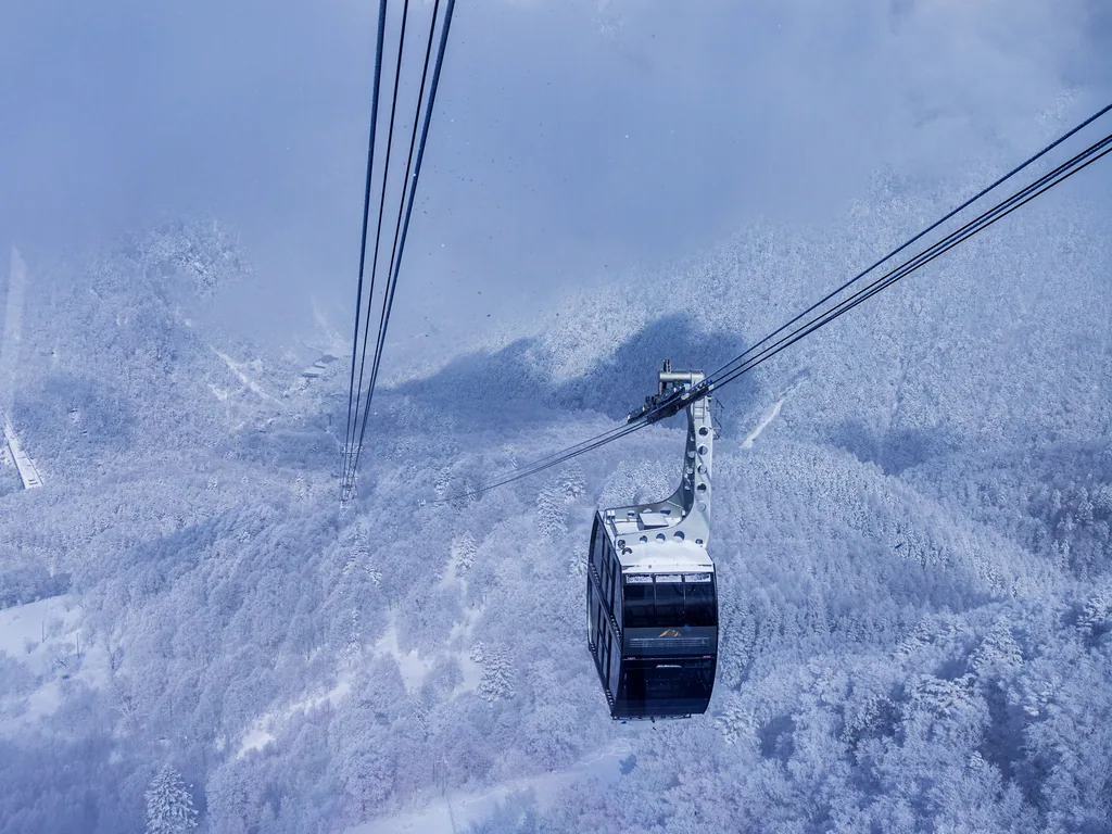 雪化粧した山肌の上を進むロープウェイ